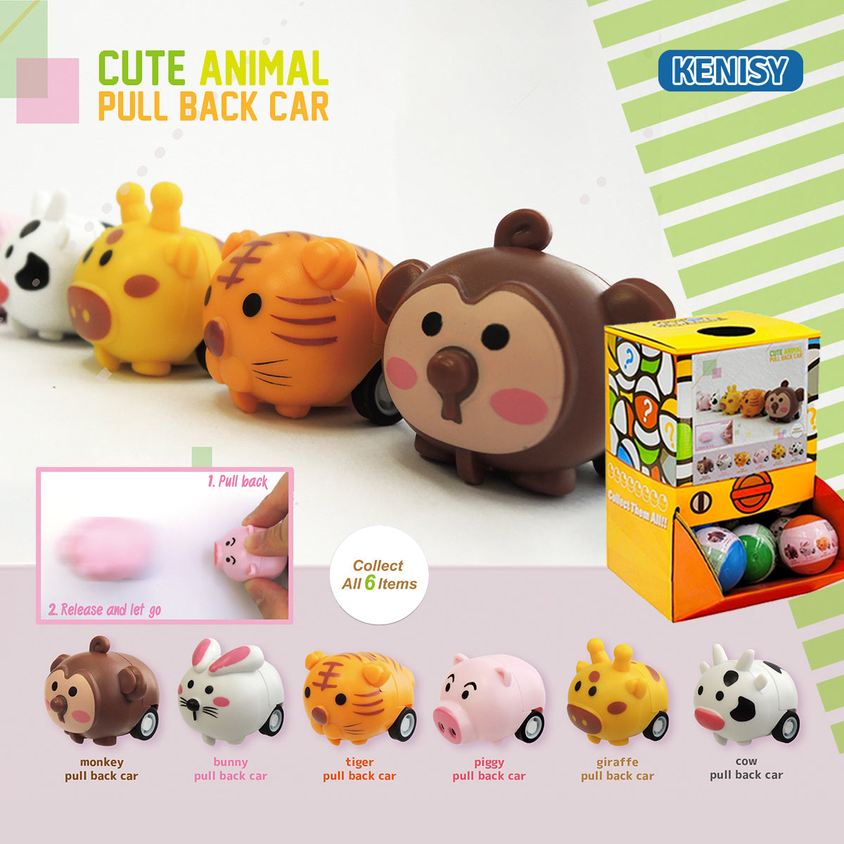 Cute Animal Pull Back Car, 50mm capsule in display box