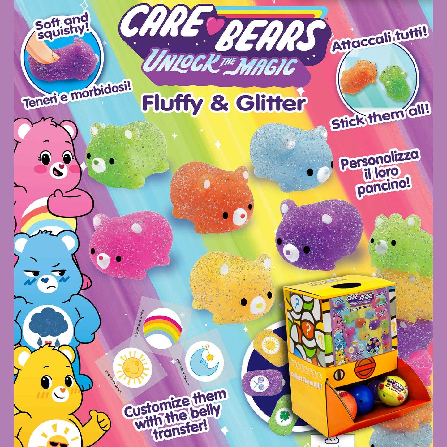 Care Bears Fluffy and glitter Squishy in 50mm capsule in Display Box